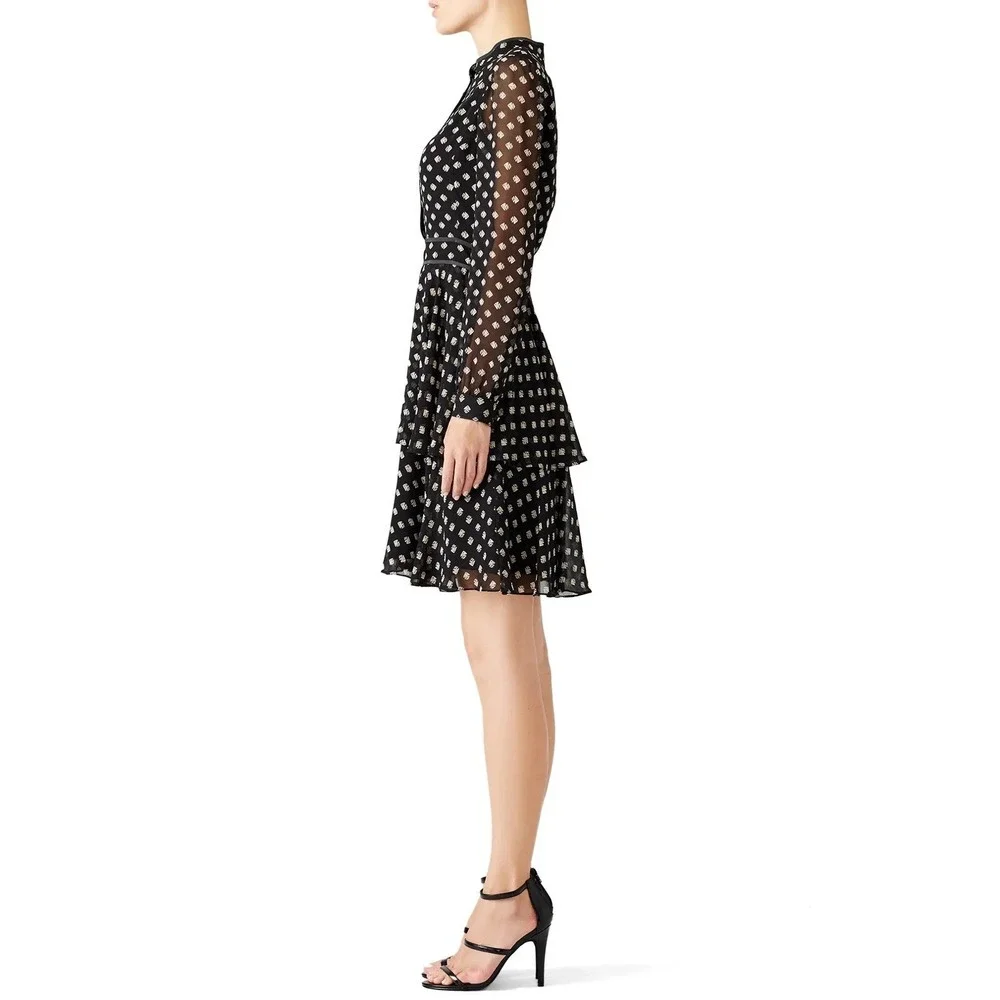 TORY BURCH Seymour Silk Georgette Mini Dress Size 6 Geometric Fish Print Tiered - Picture 7 of 11